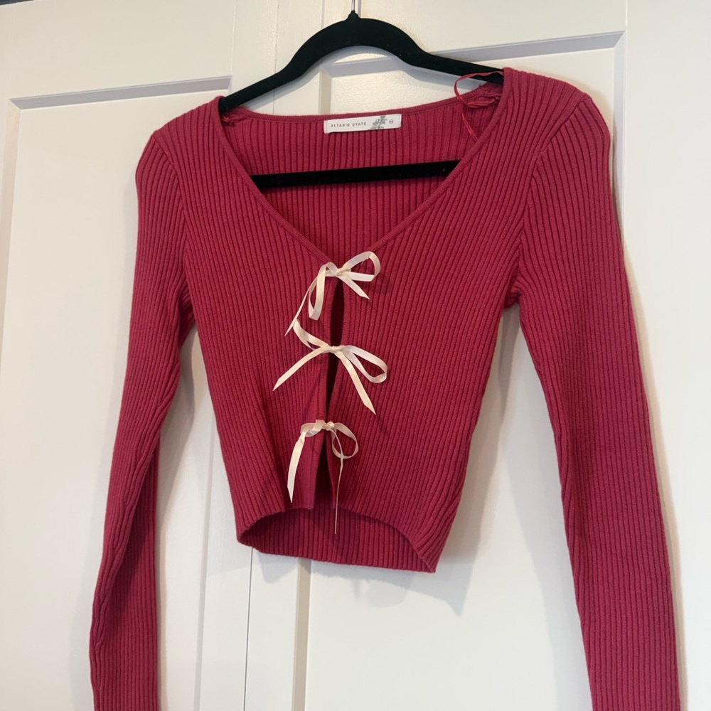 Altar'd State Rose-Magenta Ribbed Tie-Front Crop Top